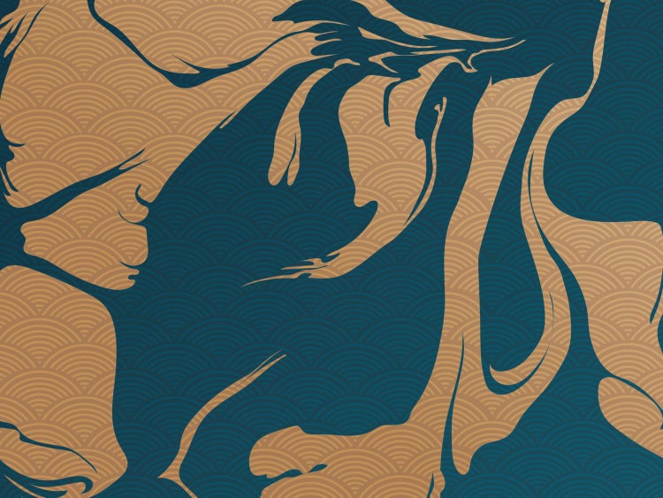 Abstraktes Wanddesign mit Wellenmuster und stilisierten Figuren