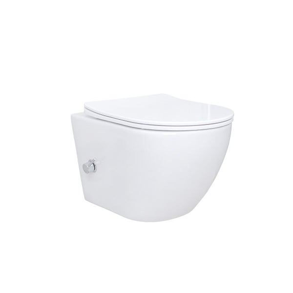 Wandhängendes Dusch-WC aus weißer Keramik inklusive Toilettendeckel und seitlichem Bedienhebel.
