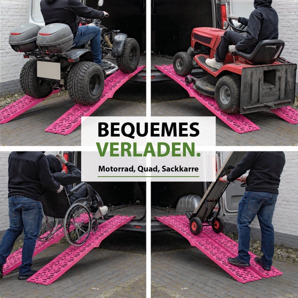 Vier Bilder zeigen die Anwendung von Auffahrrampen beim Verladen von Quad, Rasentraktor, Rollstuhl und Sackkarre in einen Transporter.