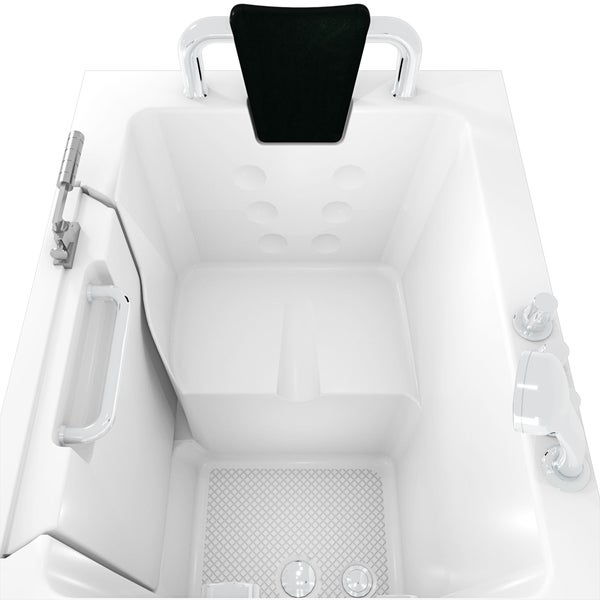 Begehbare Badewanne mit Einstiegstür, Sitz, Kopfstütze, rutschfestem Boden und Bedienelementen
