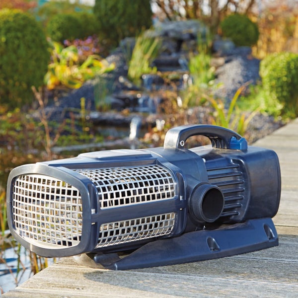 Teichpumpe mit Tragegriff und Filtergehäuse auf einem Holzsteg an einem Gartenteich mit Bachlauf.