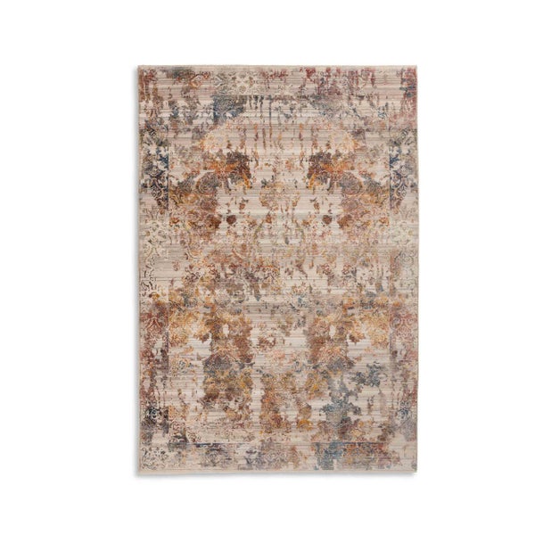 Mehrfarbiger, rechteckiger Teppich mit orientalischem Muster im Vintage-Stil und Used-Look.