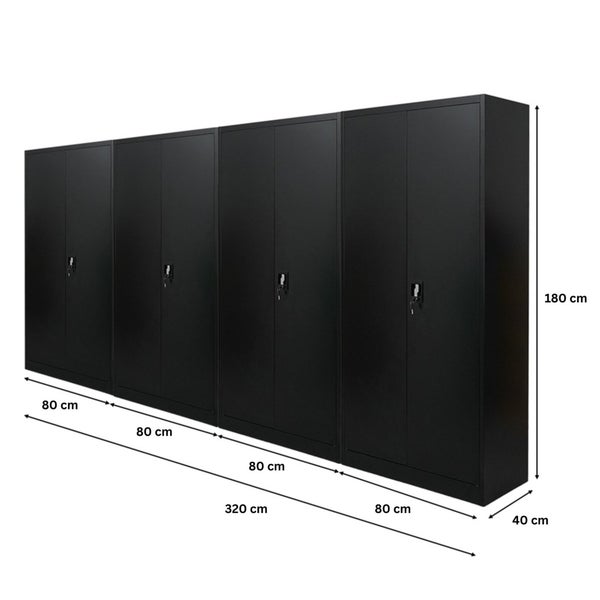 Fünf abschließbare Metallschränke mit einer Gesamtbreite von 320 cm und einer Höhe von 180 cm