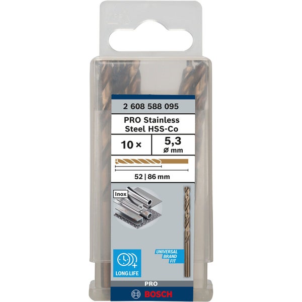 Zehn Edelstahl-Spiralbohrer HSS-Co, 5,3 mm Durchmesser, 52 bis 86 mm Länge im Set