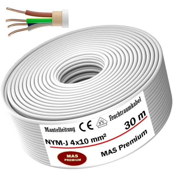 Weiße Mantelleitung NYM-J 4 x 10 Quadratmillimeter, Feuchtraumkabel, 30 Meter Ring, MAS Premium, mit CE-Kennzeichnung und VDE-Kennzeichnung.