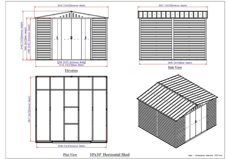 Technische Zeichnung eines Gartenhauses 10 mal 10 Fuß mit Maßen für Frontansicht, Seitenansicht, Draufsicht und isometrischer Darstellung.