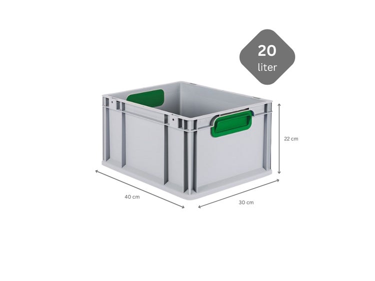 PROREGAL Eurobox Nextgen Color HxBxT 22 x 30 x 40 cm 20 Liter Griffe Grün Geschlossen Glatter Boden Eurobehälter Transportbox