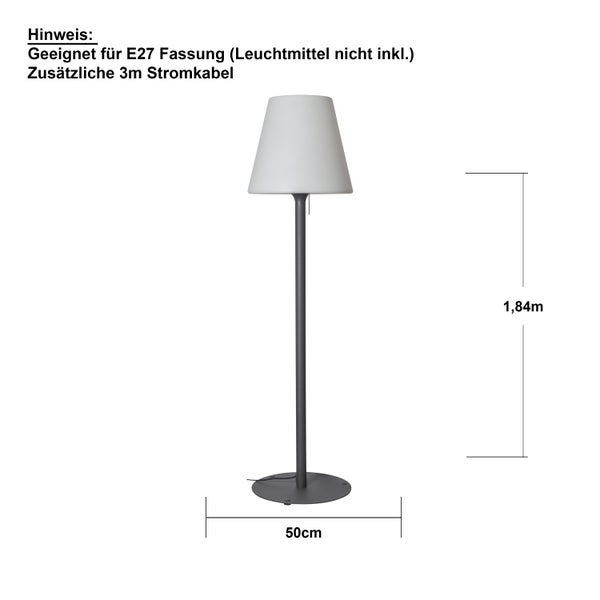 Stehlampe mit E27 Fassung, 1,84 Meter hoch, 50 Zentimeter Durchmesser