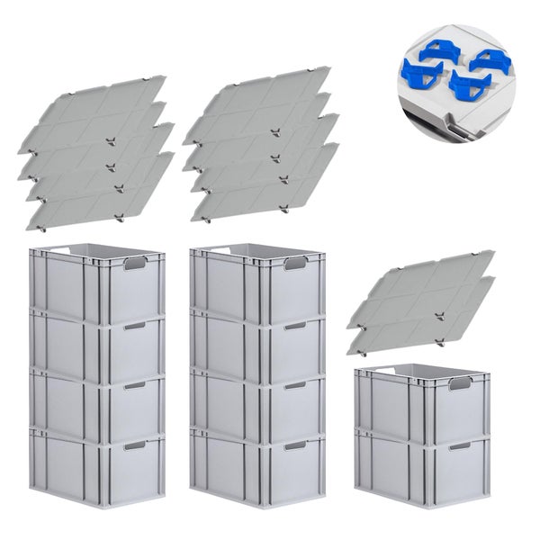 PROREGAL Spar Set 10x Eurobox Nextgen Economy Mit Auflagedeckel & 4x Schiebeschnappverschlüsse Blau Griffe Offen HxBxT 32 x 40 x 60 cm 65 Liter