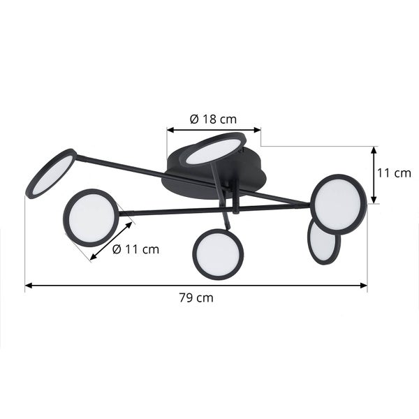Schwarze Deckenleuchte mit sechs runden LED-Elementen. Maße: Breite 79 Zentimeter, Höhe 11 Zentimeter, Durchmesser Baldachin 18 Zentimeter.