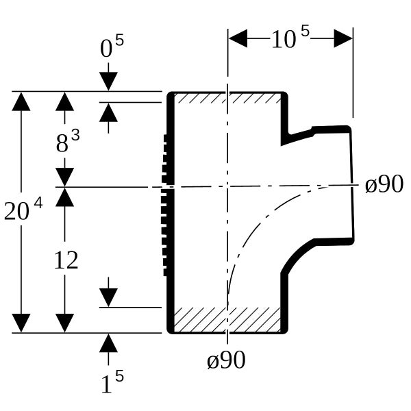 Technische Zeichnung eines T-Stück Rohrfittings mit Maßangaben wie einem Durchmesser von 90 Millimetern und verschiedenen Längenmaßen.