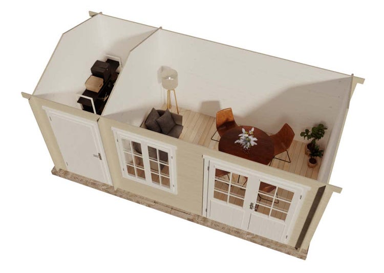 Innenansicht eines Holzgartenhauses mit Möbeln, Lagerregalen und Pflanzen