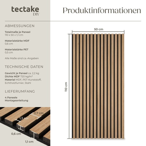 tectake DIY Logo. Akustikpaneele, 110 mal 50 mal 1,1 Zentimeter, circa 2,2 Kilogramm pro Paneel. Materialien: MDF, PET und Echtholzfurnier.