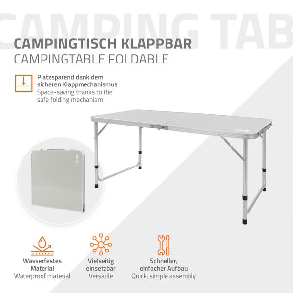 ECD Germany Alu Campingtisch Klapptisch, höhenverstellbar 120x60x54-70 cm, Grau, HDPE-Platte, klappbar, tragbar, leicht, Falttisch mit Griff, Koffertisch Gartentisch Reisetisch Balkontisch Esstisch