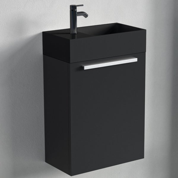 Wandhängender Waschtisch mit Unterschrank in modernem Design inklusive Armatur.