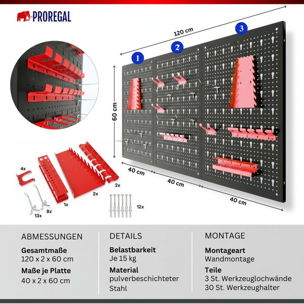 Proregal Logo. Werkzeuglochwand aus pulverbeschichtetem Stahl, 120 mal 60 Zentimeter, mit 3 Platten und 30 Haltern zur Wandmontage.