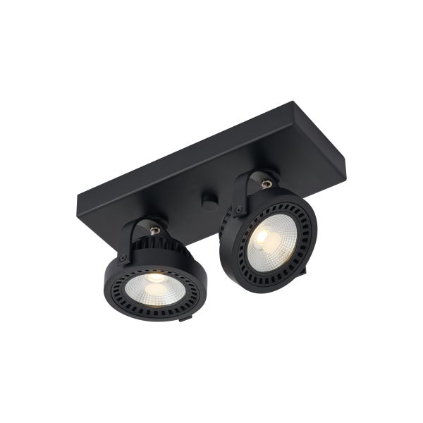 Doppelter Deckenstrahler aus Metall mit zwei schwenkbaren LED Lichtköpfen für eine gezielte Beleuchtung.