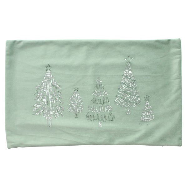Rechteckiger Kissenbezug mit Strassstein Motiv von fünf stilisierten Tannenbäumen für die weihnachtliche Dekoration.