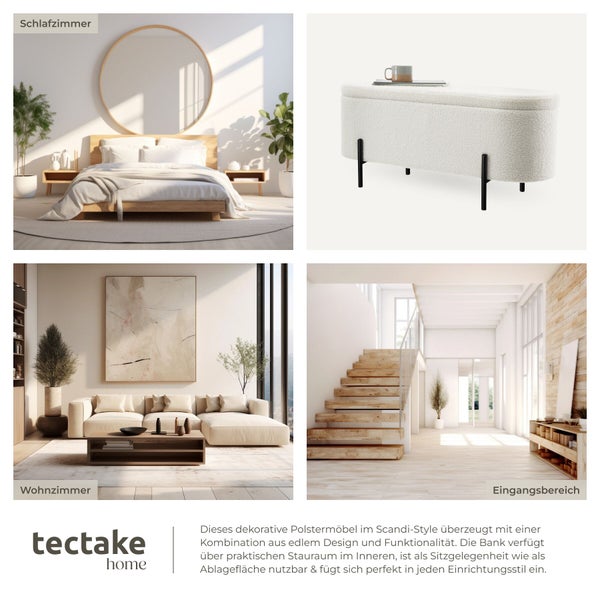 Weiße Polsterbank aus Bouclé-Stoff mit Stauraum in hellen Wohnräumen wie Schlafzimmer, Wohnzimmer und Flur im Scandi-Stil. tectake home Logo.