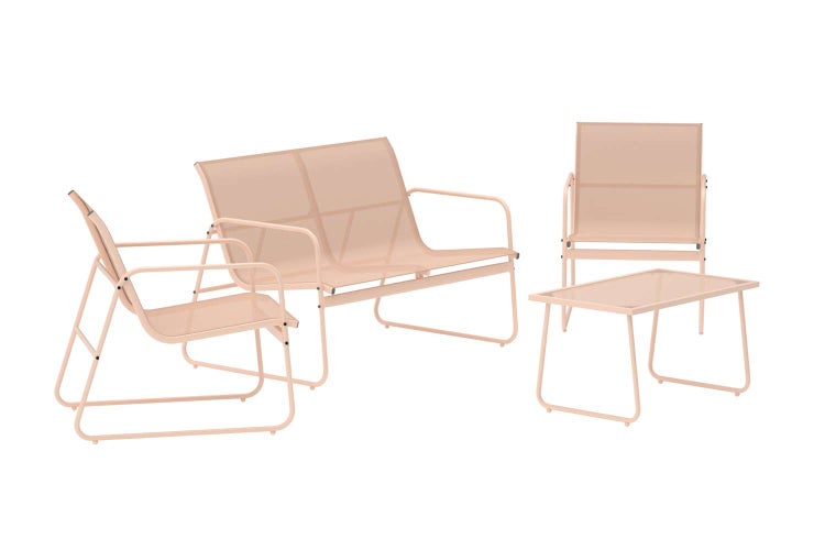 Gartenmöbel-Set 4-teilig in Apricot bestehend aus Sofa, zwei Sesseln und einem Glastisch, Gestell aus Metall mit Textil-Bespannung.