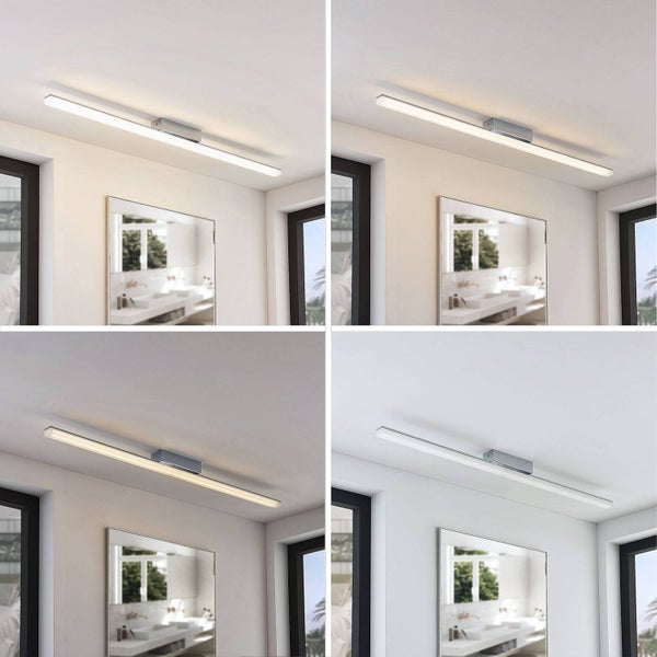 LED-Badleuchte über einem Spiegel, Darstellung von vier verschiedenen Farbtemperaturen von Warmweiß bis Kaltweiß.