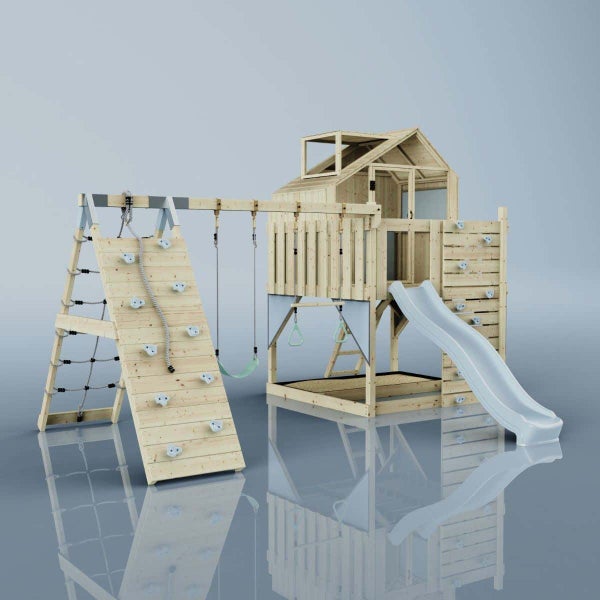OutdoorToys Spielturm Oscar aus Holz in Blau Trapezstange