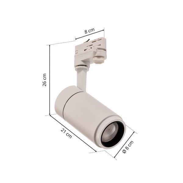 Stromschienenstrahler mit Maßen: Höhe 26 Zentimeter, Länge 21 Zentimeter, Durchmesser 8 Zentimeter und Schienenadapter 8 Zentimeter.