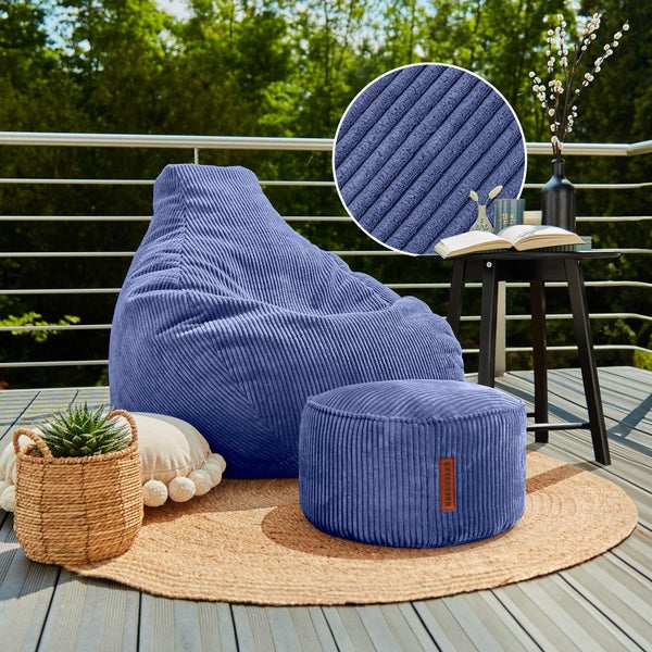 Green Bean Sitzsack mit Hocker aus Cord - Sitzsäcke für das Wohnzimmer, Schlafzimmer, Sitzsack-Sessel für Erwachsene Dunkelblau