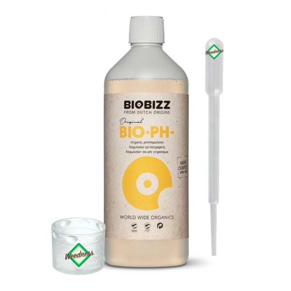 BioBizz Bio-pH organischer pH-Regulator in der Flasche mit Messbecher und Pipette.