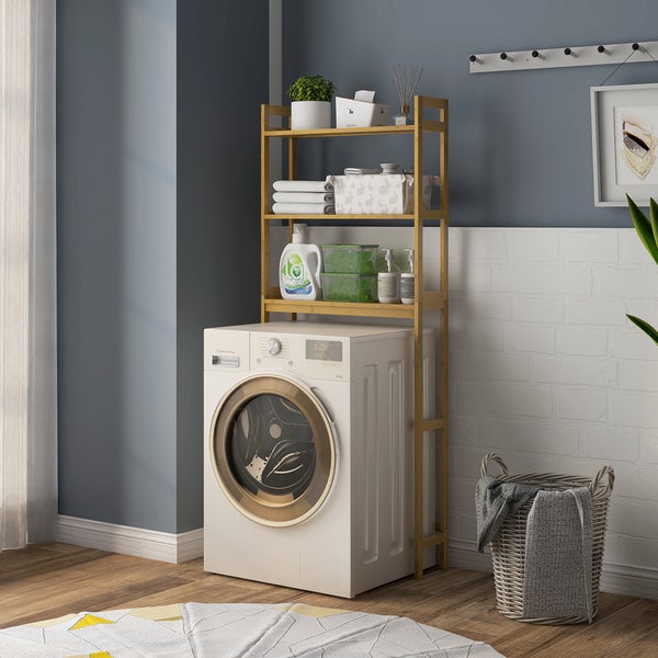 kleankin Toilettenregal 3-Stufiges Badezimmerregal aus Bambus Multifunktionales WC Regal Waschmaschinenregal, für Bad, Toilette, Waschküche, Natur