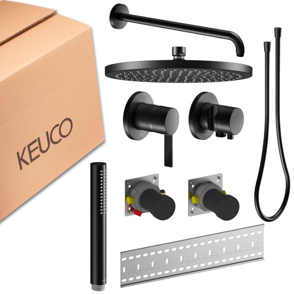 Keuco Duschsystem für Unterputzmontage mit Regendusche, Handbrause, Schlauch und Armatur in Schwarz sowie ein Karton mit Keuco Logo.