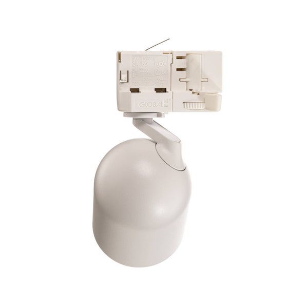 Weißer Stromschienenstrahler mit 3-Phasen-Multi-Adapter für Schienensysteme, abgerundeter Leuchtenkopf.