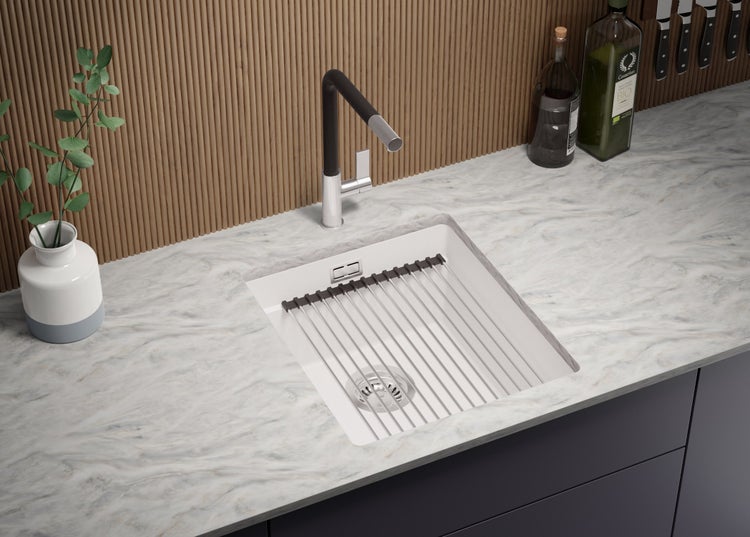 PRIMAGRAN Unterbauspüle Granit Alles Weiß 41x47cm, Spülbecken 1 Becken + Ablauf-Set + Aufrollbare Abtropffläche, Granitspüle ab 45er Unterschrank - Praga