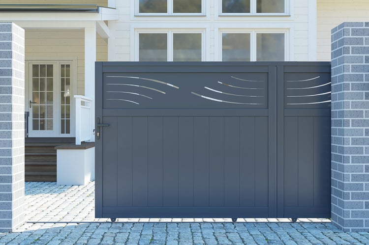 Schiebetor 3,7 m HALTI H.160 cm graues Aluminium + 2 Pfosten 20 x 20 cm H. 190 c