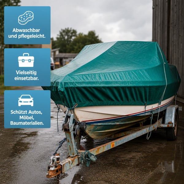 Abdeckplane für Boote auf einem Anhänger mit Symbolen für einfache Reinigung, vielseitigen Einsatz und Schutz von Objekten.