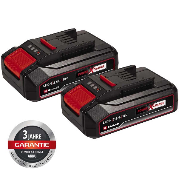 Zwei Einhell Power X-Change Lithium Ionen Akkus mit 18 Volt und 2,5 Amperestunden mit Garantiehinweis für drei Jahre bei Online Registrierung.