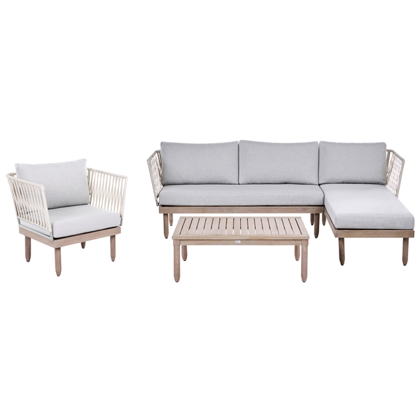 Garten-Lounge-Set bestehend aus Ecksofa, Sessel und Holztisch. Sitzmöbel mit Seilgeflecht an den Lehnen und Polsterauflagen.