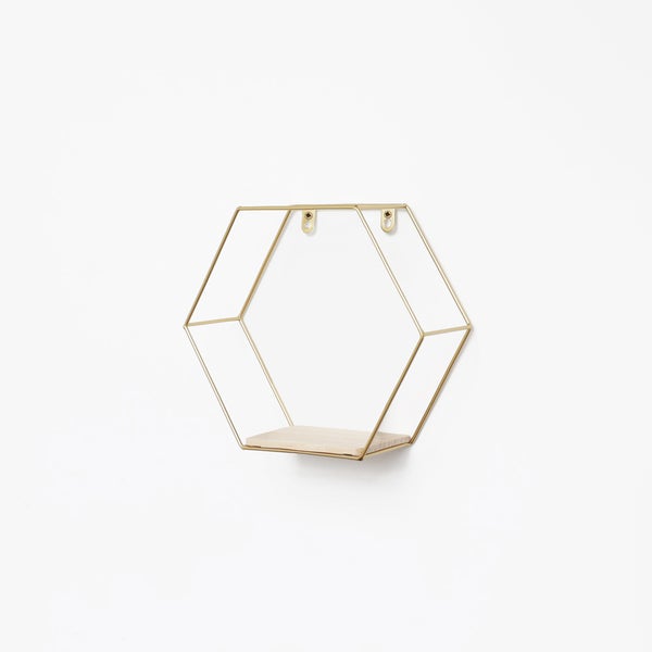Sechseckiges Wandregal aus Metall - 25x28,5 cm - Gold