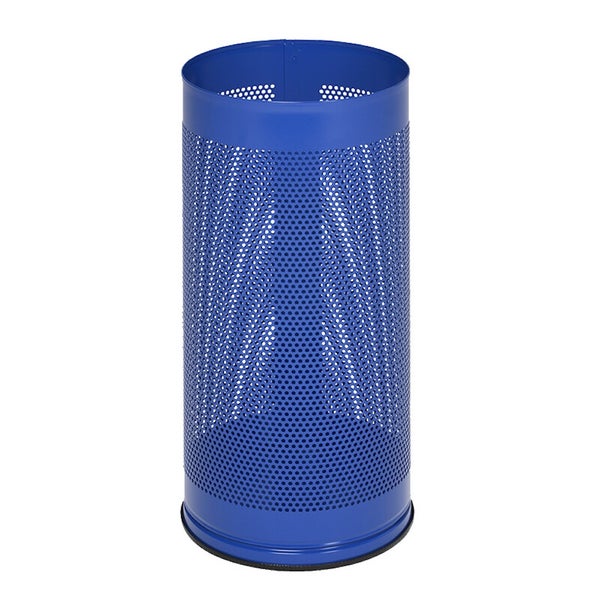 Blauer zylindrischer Abfalleimer aus gelochtem Metall.