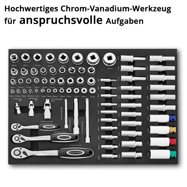 Chrom-Vanadium-Werkzeugsatz mit Ratschen, Steckschlüsseln und Verlängerungen in einer schwarzen Werkzeugablage