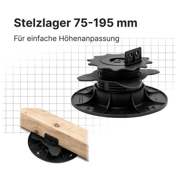Höhenverstellbares Stelzlager für Terrassen, Verstellbereich 75 bis 195 Millimeter, mit Anwendungsbeispiel eines Holzbalkens.