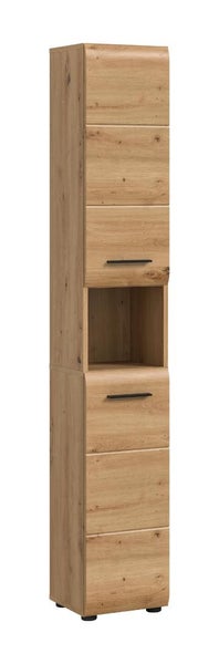 Bad-Hochschrank in Eichenoptik mit zwei Türen, schwarzen Griffen und einem offenen Fach in der Mitte.