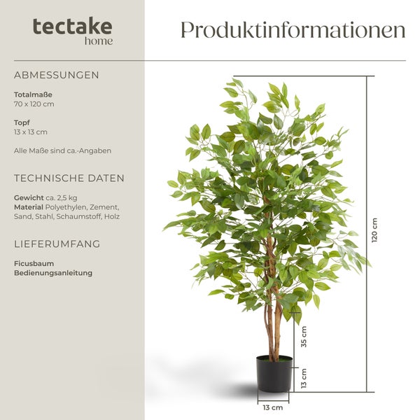 Künstlicher Ficusbaum tectake Fida stabiler Kunststoff-Blumentopf verschiedene Größen grün