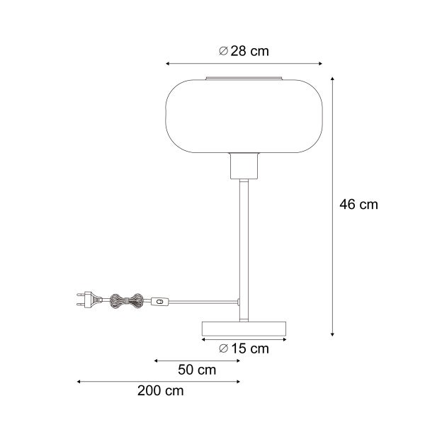 Technische Zeichnung einer Tischleuchte mit den Maßen 28 cm Durchmesser Lampenschirm, 46 cm Höhe, 15 cm Durchmesser Lampenfuß und 200 cm Kabellänge.