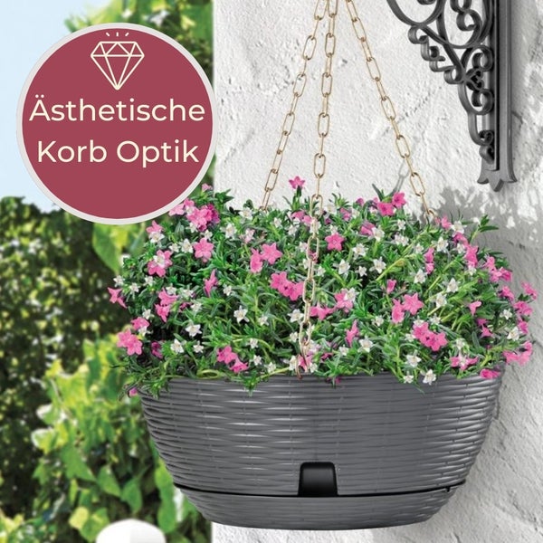 Hängeampel mit rosa und weißen Blumen in Korboptik