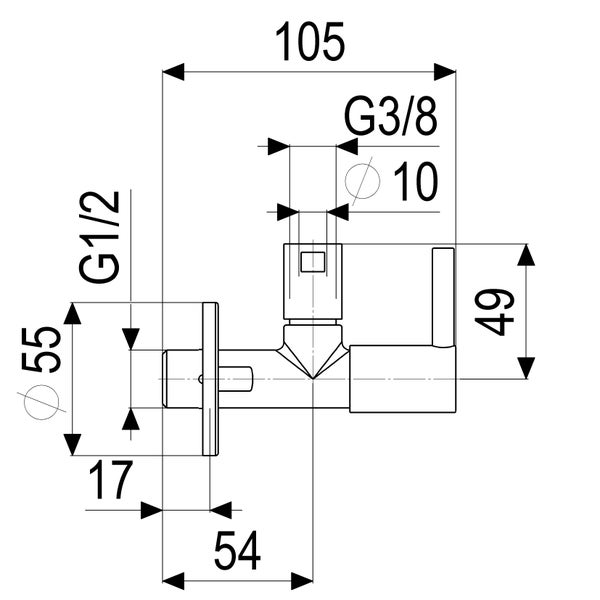 Maßzeichnung eines Eckventils mit Maßen in Millimetern sowie G 1/2 Zoll und G 3/8 Zoll Anschlüssen.