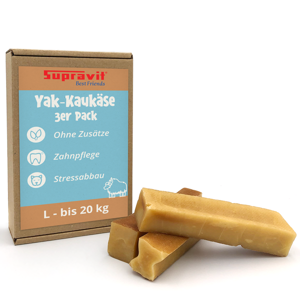 Supravit Yak Kaukäse 3er Pack Größe L für Hunde bis 20 Kilogramm. Natürlicher Kausnack zur Zahnpflege und zum Stressabbau.