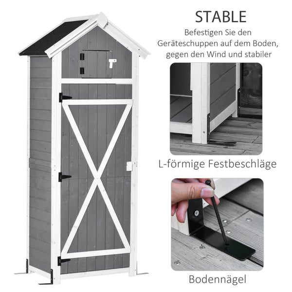 Outsunny Gartenschrank Holz, Geräteschuppen wetterfest 78x52,5x182cm, Gerätehaus mit Tür, Satteldach, Geräteschrank mit Haken, faltbar Tisch, Werkzeugschrank Gartenschuppen für Garten, Terrasse, Grau
