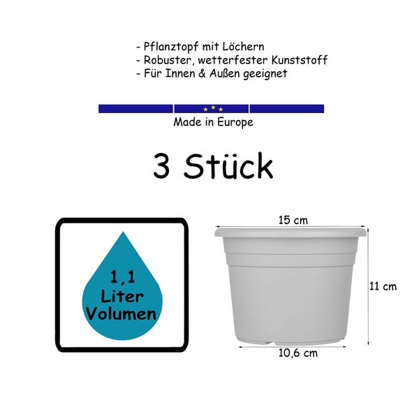 Drei Pflanztöpfe aus robustem, wetterfestem Kunststoff mit je 1,1 Liter Volumen und Löchern, geeignet für drinnen und draußen, hergestellt in Europa, Maße 15 x 11 x 10,6 cm