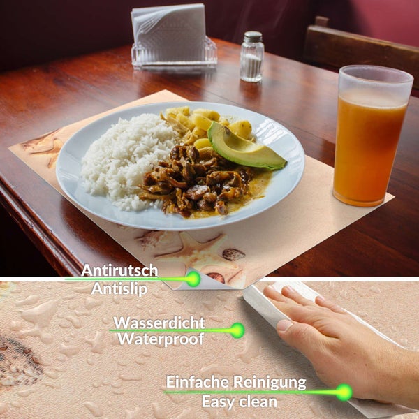 Platzset mit Seestern-Motiv auf einem Holztisch, wasserdichte Oberfläche mit Wassertropfen und Hand beim Abwischen, rutschfest.